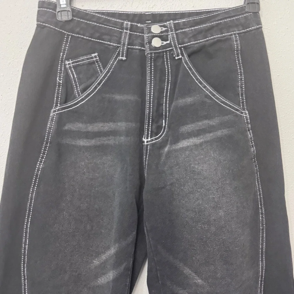Wide Leg Jeans Womens XS Black High Waisted Denim White Stitch Streetwear grunge